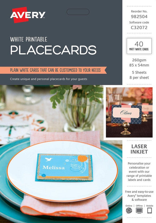 Avery Placecards C32072 40 Pack 85 x 54mm 8UP