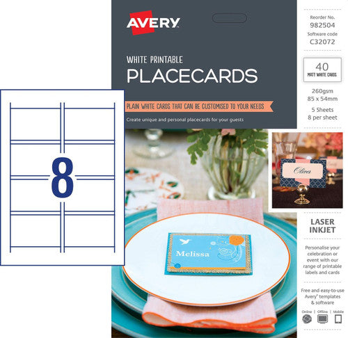 Avery Placecards C32072 40 Pack 85 x 54mm 8UP