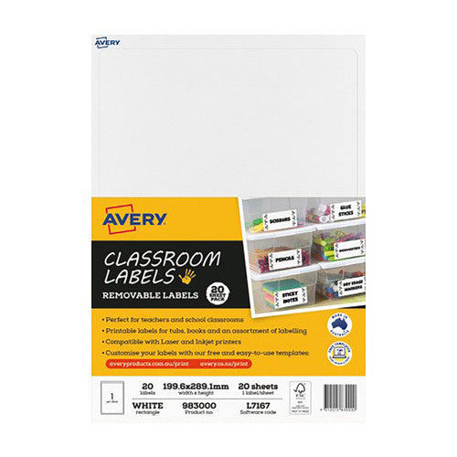 Avery White Classroom Labels L7167 20 Pack 199.6 x 289.1mm 1UP
