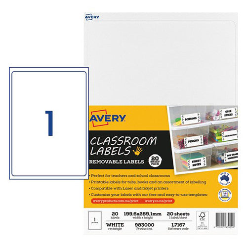 Avery White Classroom Labels L7167 20 Pack 199.6 x 289.1mm 1UP