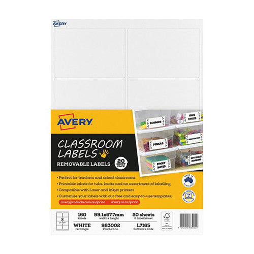 Avery White Classroom Labels L7165 20 Pack 99.1 x 67.7mm 8UP