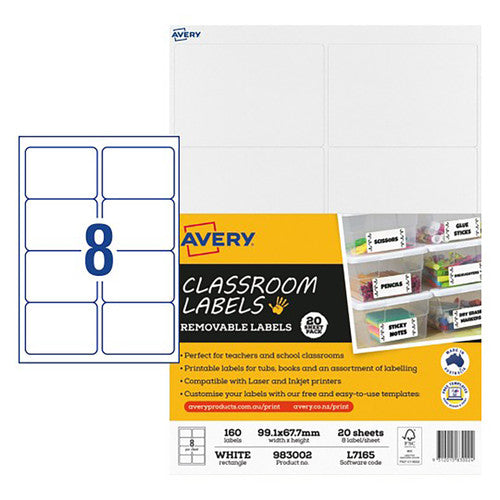 Avery White Classroom Labels L7165 20 Pack 99.1 x 67.7mm 8UP