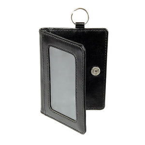 Black Rexel leatherette wallet standing part open, with a clear front window, a press stud and a key ring on a tab
