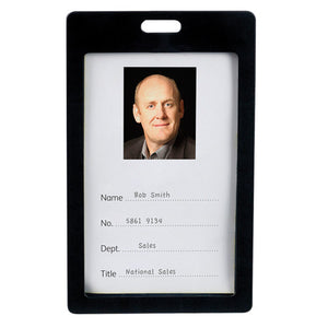Rexel coloured plastic card holder in black, portrait format, holding a sample staff ID card with a photo, name and department
