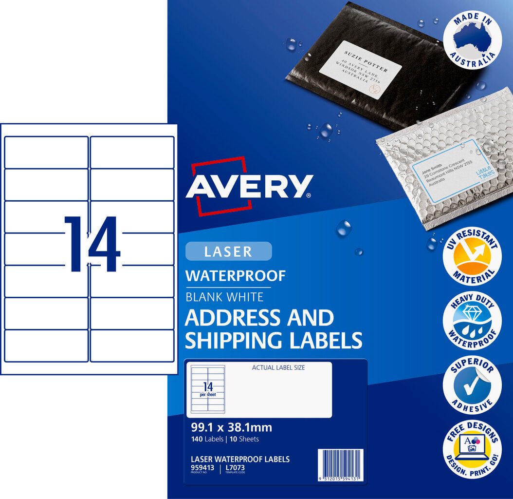 Avery Weatherproof Address Labels L7073 10 Pack 99.1 x 38.1mm Laser White