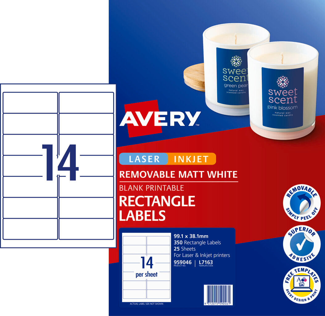 Avery White Removable Labels L7163REV 350 Pack 99.1 x 38.1mm 14UP