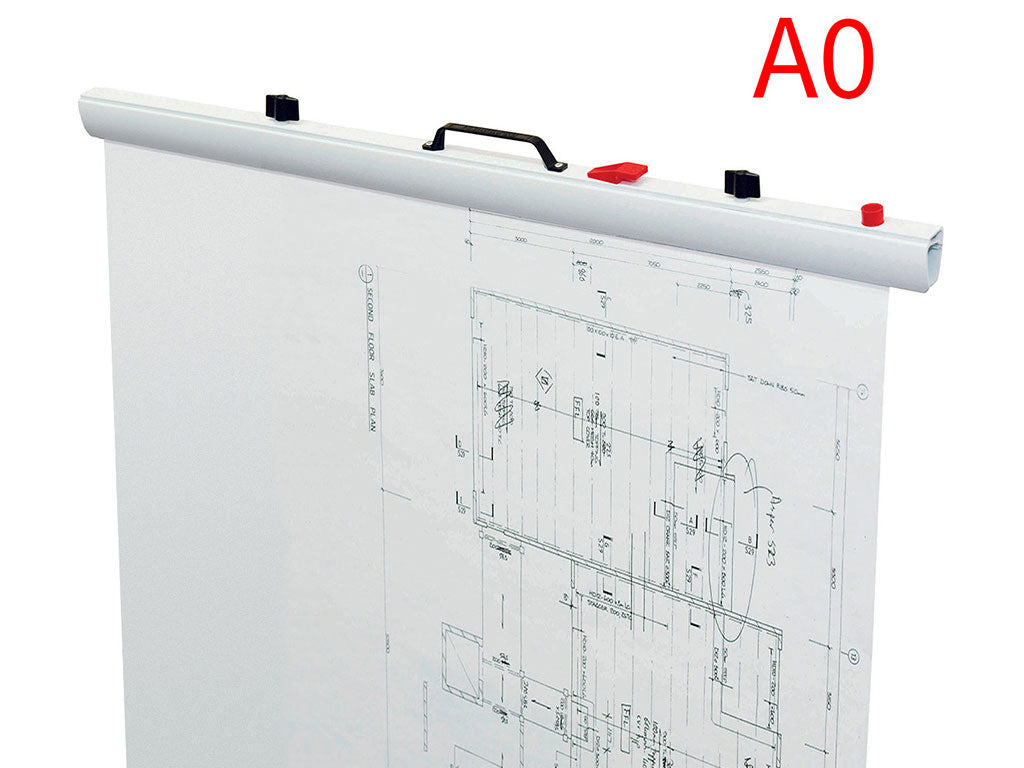 Planhorse A0 plan multiclamp gripping a set of large drawings along the top edge, with a red A0 label in the corner