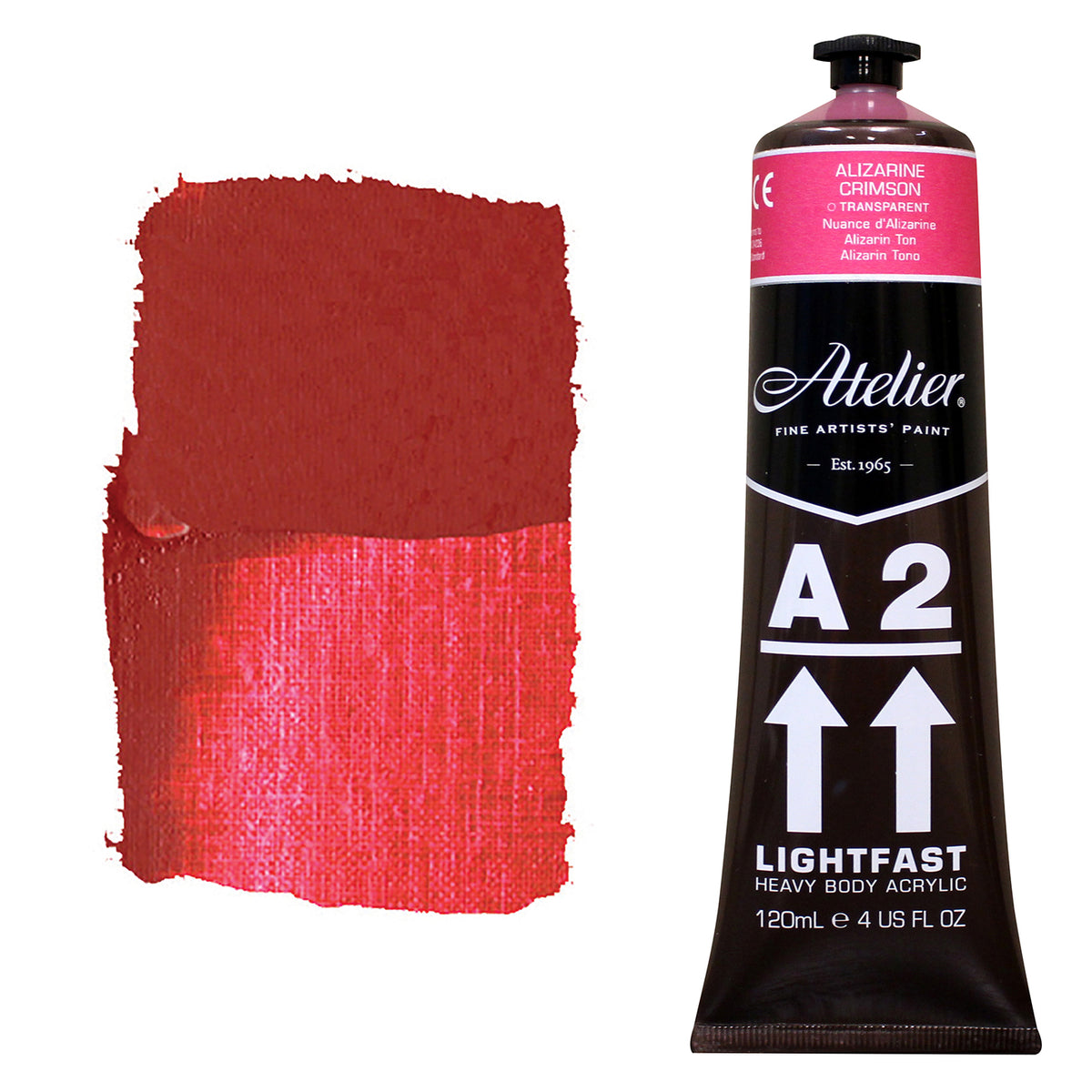 Chroma A2 Heavy Body Acrylic Alizarine Crimson 120ml tube with Alizarine Crimson shoulder label, beside a painted swatch of a dark crimson that opens into raspberry pink where scraped thin