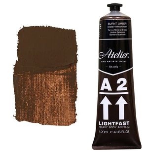 Chroma A2 Heavy Body Acrylic Burnt Umber 120ml tube with Burnt Umber shoulder label, beside a painted swatch of a near-black chocolate brown with a bronze edge