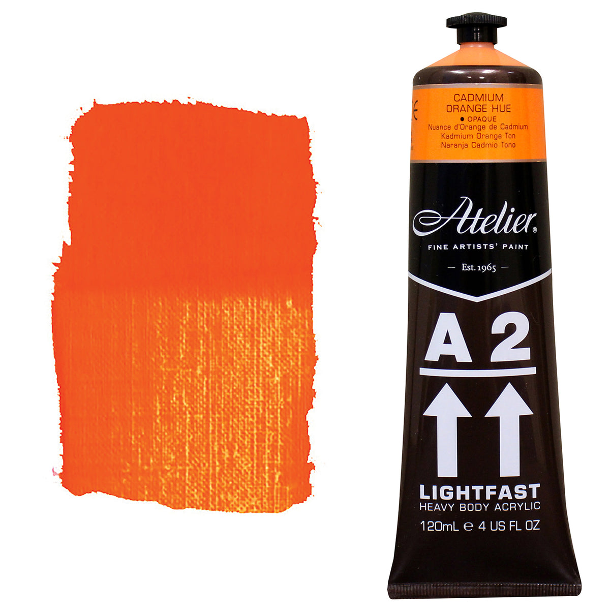 Chroma A2 Heavy Body Acrylic Cadmium Orange Hue 120ml tube with Cadmium Orange Hue shoulder label, beside a painted swatch of a clean, vivid orange in both thick and thin areas