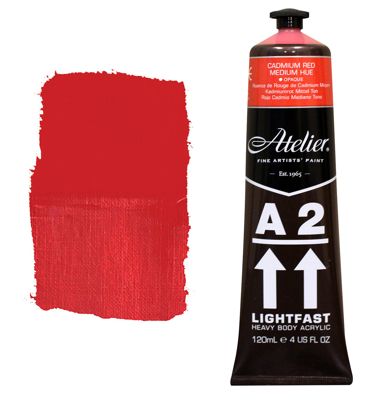 Chroma A2 Heavy Body Acrylic Cadmium Red Medium Hue 120ml tube with Cadmium Red Medium Hue shoulder label, beside a painted swatch of a saturated mid red that stays strong when thin