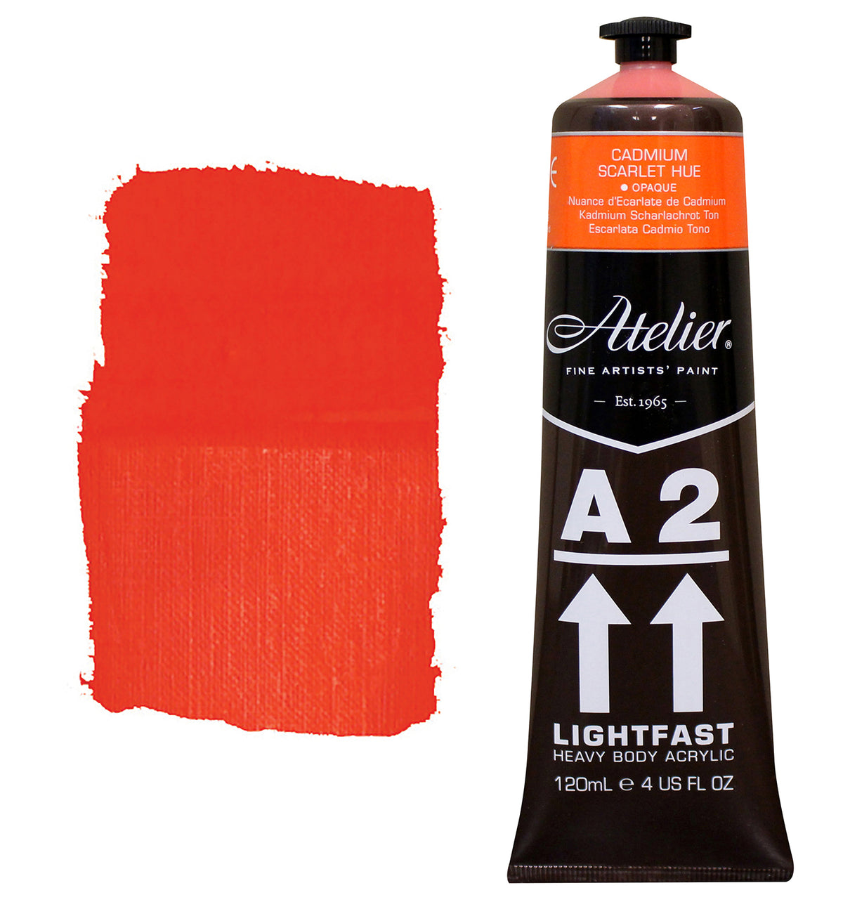 Chroma A2 Heavy Body Acrylic Cadmium Scarlet Hue 120ml tube with Cadmium Scarlet Hue shoulder label, beside a painted swatch of a bright red leaning towards orange