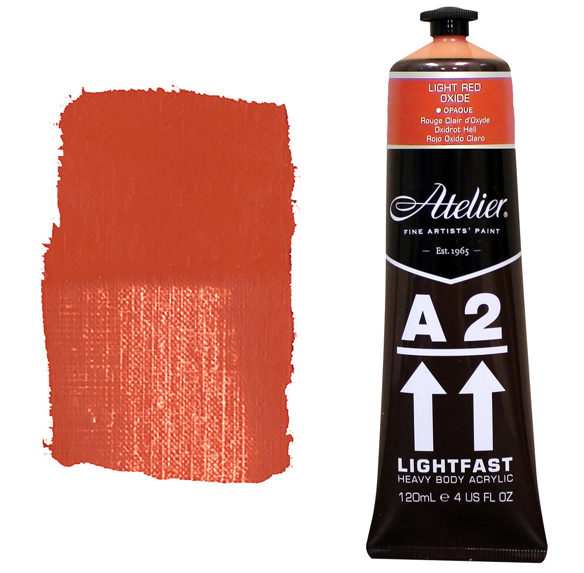 Chroma A2 Heavy Body Acrylic Light Red Oxide 120ml tube with Light Red Oxide shoulder label, beside a painted swatch of a warm terracotta that thins to salmon orange
