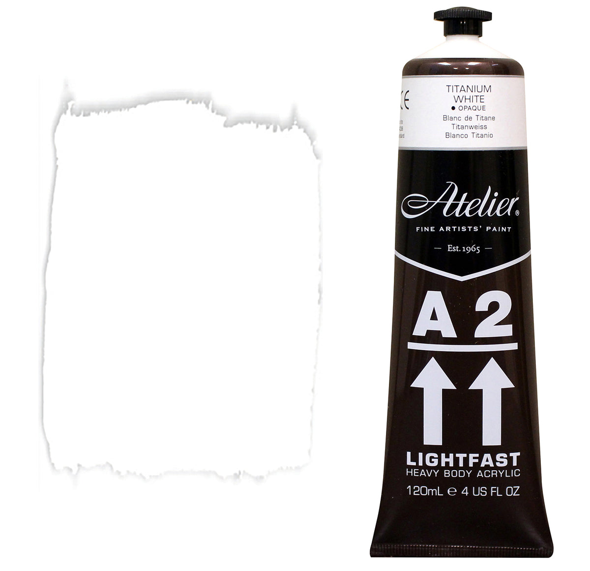 Chroma A2 Heavy Body Acrylic Titanium White 120ml tube with Titanium White shoulder label, beside a painted swatch of a clean, bright white with light brush texture