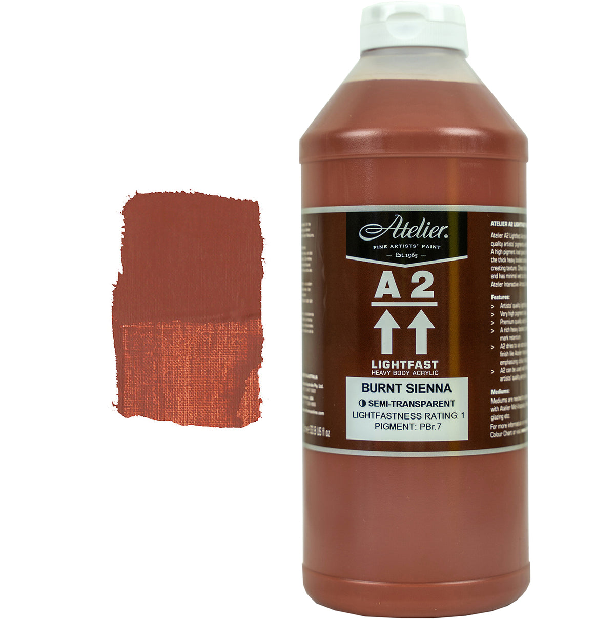 Chroma A2 Heavy Body Acrylic Burnt Sienna 1 litre bottle with white cap and brown Atelier A2 label, beside a painted swatch of a reddish chestnut that thins to a coppery tan