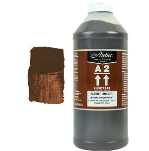 Chroma A2 Heavy Body Acrylic Burnt Umber 1 litre bottle with white cap and brown Atelier A2 label, beside a painted swatch of a near-black chocolate brown with a bronze edge