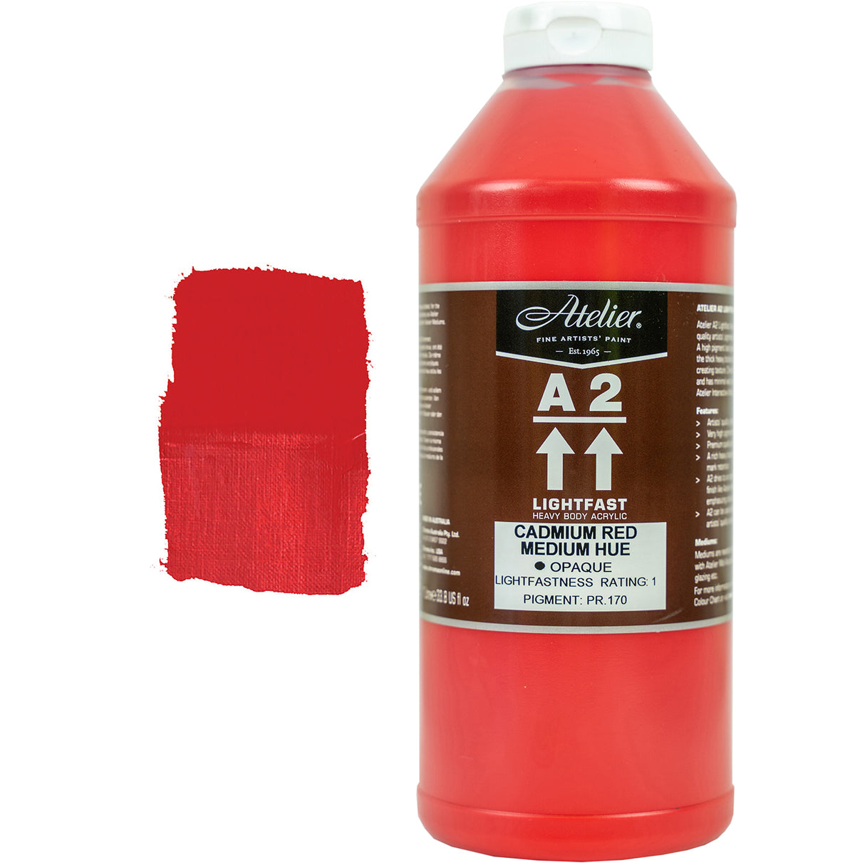 Chroma A2 Heavy Body Acrylic Cadmium Red Medium Hue 1 litre bottle with white cap and brown Atelier A2 label, beside a painted swatch of a saturated mid red that stays strong when thin
