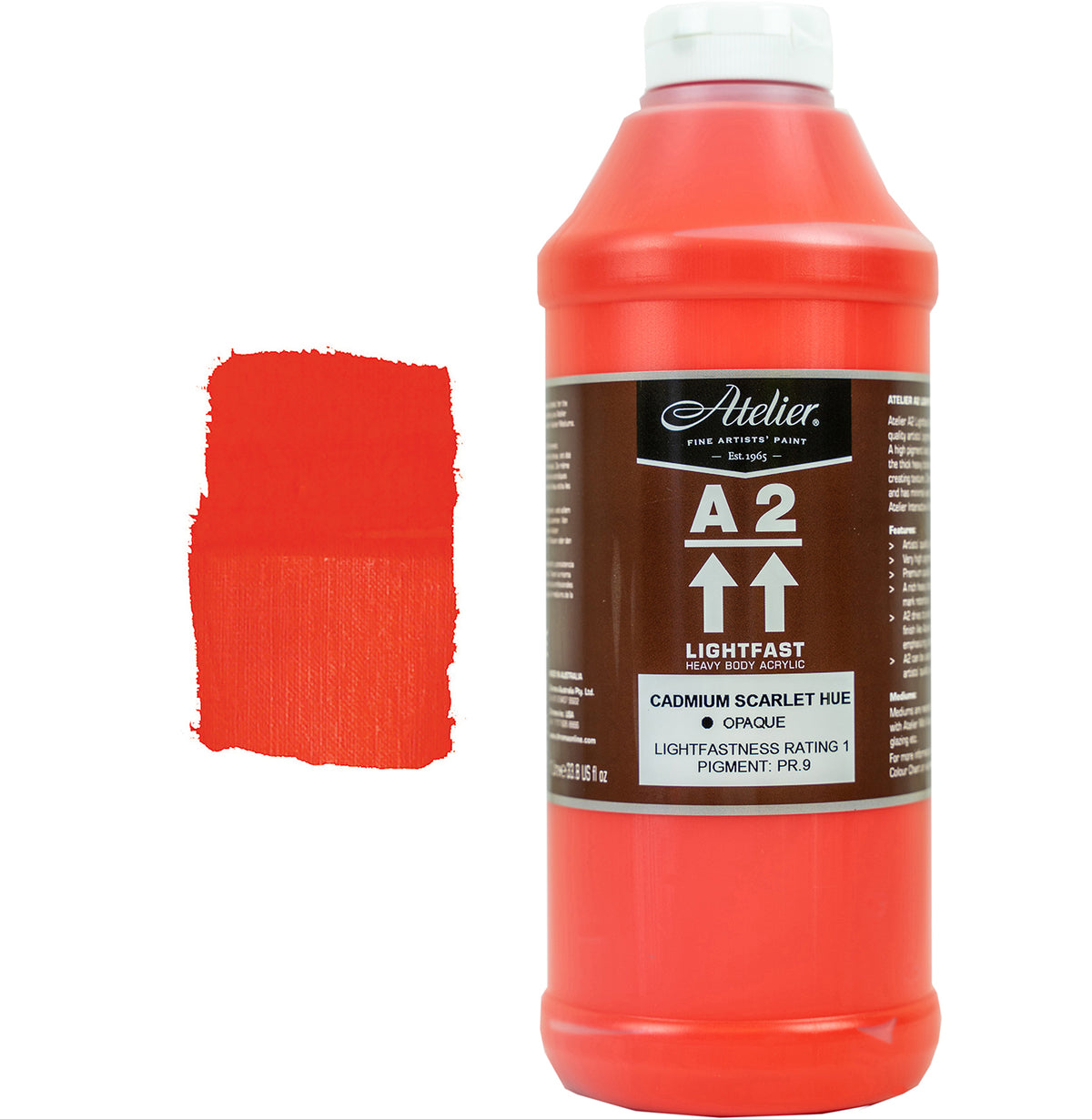 Chroma A2 Heavy Body Acrylic Cadmium Scarlet Hue 1 litre bottle with white cap and brown Atelier A2 label, beside a painted swatch of a bright red leaning towards orange