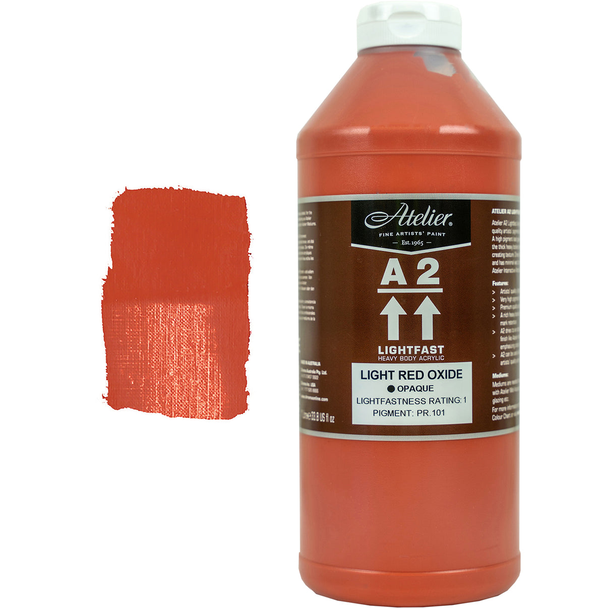 Chroma A2 Heavy Body Acrylic Light Red Oxide 1 litre bottle with white cap and brown Atelier A2 label, beside a painted swatch of a warm terracotta that thins to salmon orange