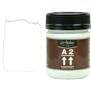 Chroma A2 Heavy Body Acrylic Titanium White 250ml jar with black screw lid and brown Atelier label, beside a clean white painted swatch