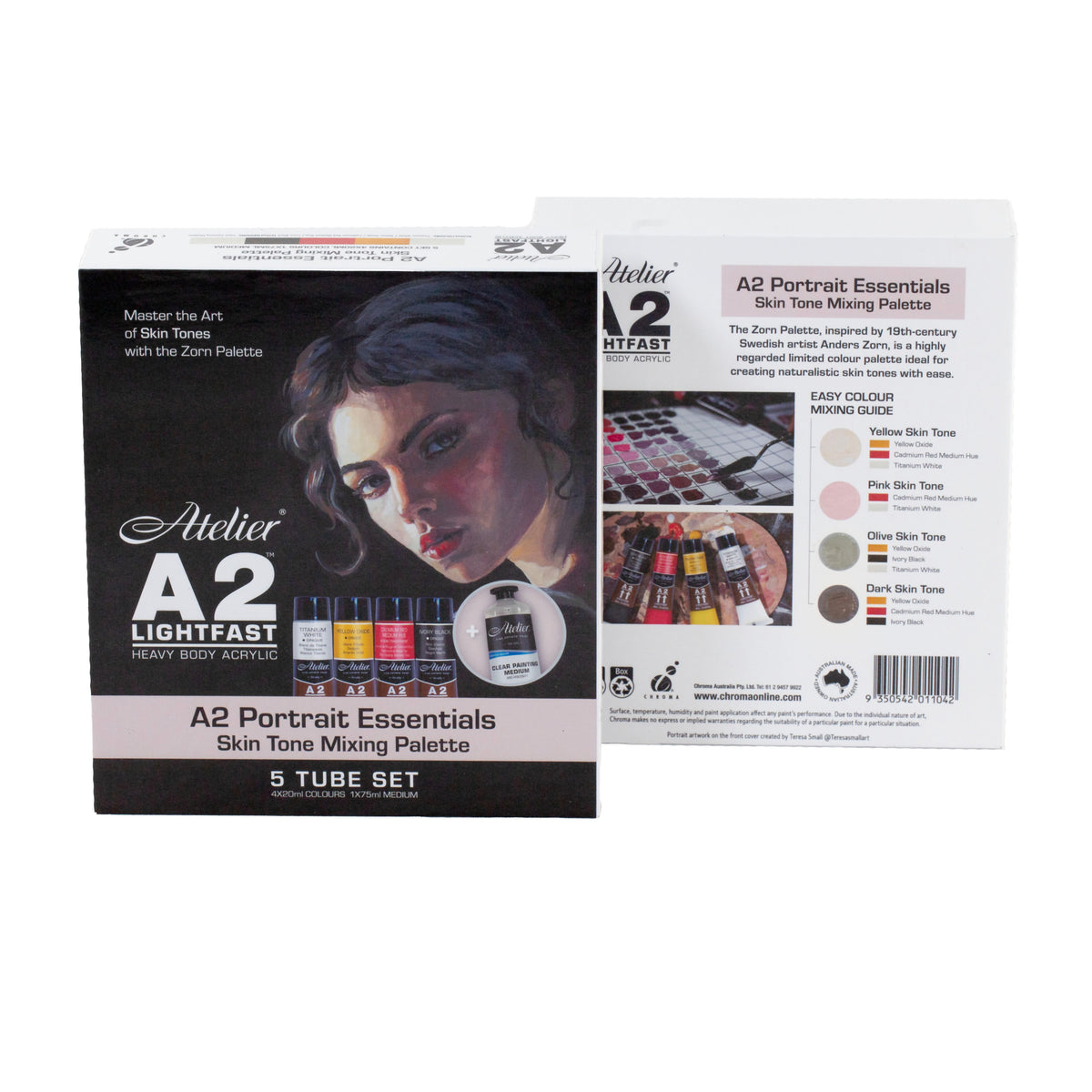 Chroma A2 Portrait Essentials box front and back, the back panel showing the Zorn palette text and skin tone colour guide