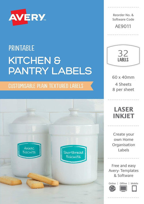 Avery Textured White Kitchen and Pantry Labels AE9011 60 x 40mm 32 Pack 60x4