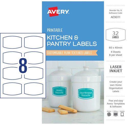 Avery Textured White Kitchen and Pantry Labels AE9011 60 x 40mm 32 Pack 60x4