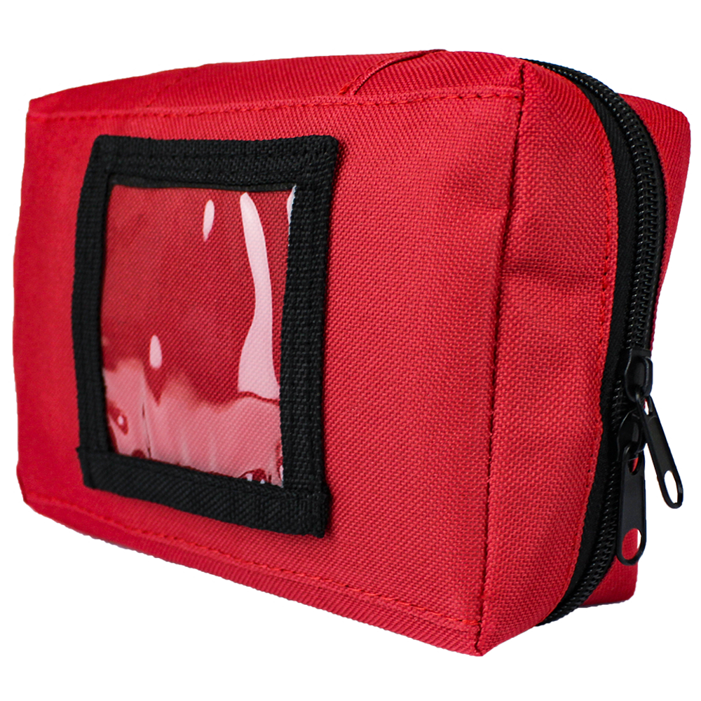 AEROBAG Small Red First Aid Bag 18 x 11 x 7cm showing compact red soft-pack first aid bag for personal carry, hiking, and individual kit builds