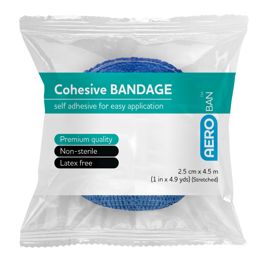 AEROBAN Blue Cohesive Bandage 2.5cm x 4.5M wrap of 12 showing high-visibility blue self-adherent narrow cohesive bandage for finger digit and hand dressing retention
