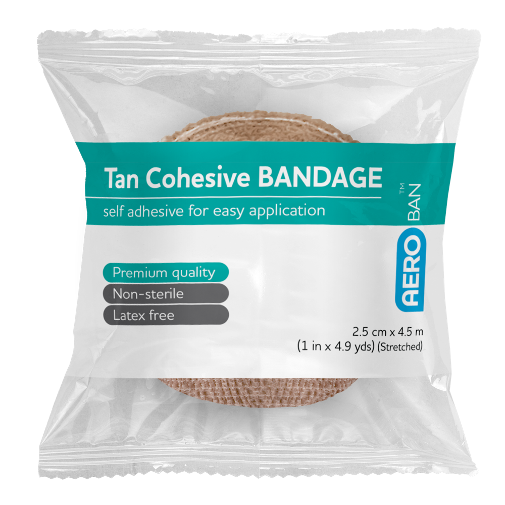 AEROBAN Tan Cohesive Bandage 2.5cm x 4.5M wrap of 12 showing narrow tan self-adherent cohesive bandages for finger and hand support
