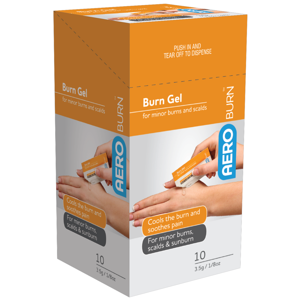 Aero Healthcare AEROBURN Burn Gel Sachet 3.5g box of 10 showing topical hydrogel burn gel sachets for immediate first aid cooling and pain relief of minor thermal burns