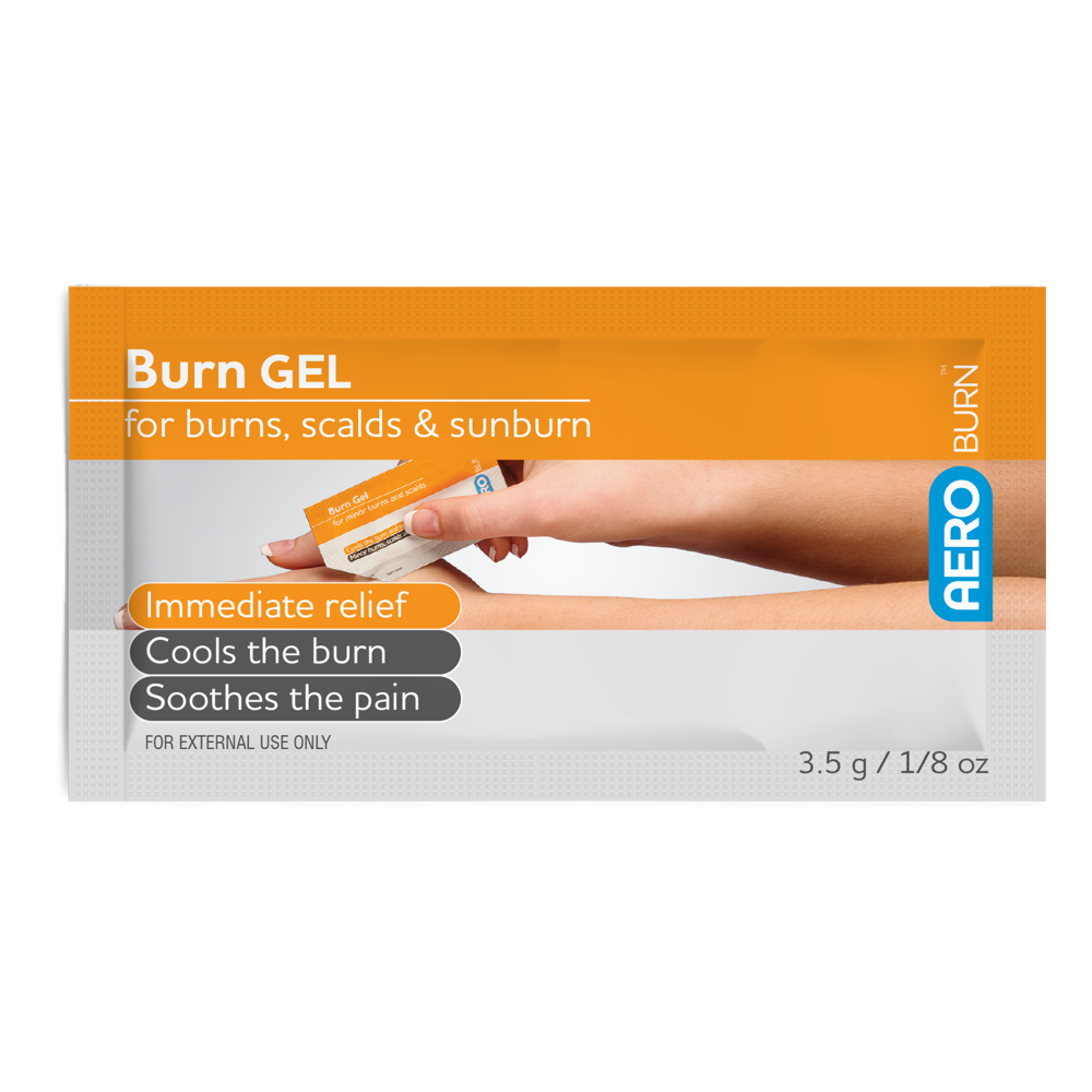 Aero Healthcare AEROBURN Burn Gel Sachet 3.5g single showing individual topical hydrogel burn gel sachet for immediate first aid cooling of minor burns