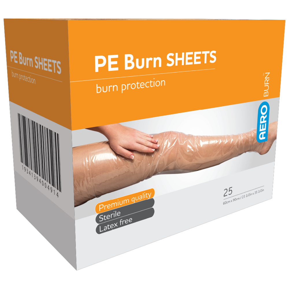 AEROBURN Polyethylene Burn Sheet 60 x 90cm box of 25 showing non-adherent polyethylene burn wound cover sheets for major burn coverage and protection