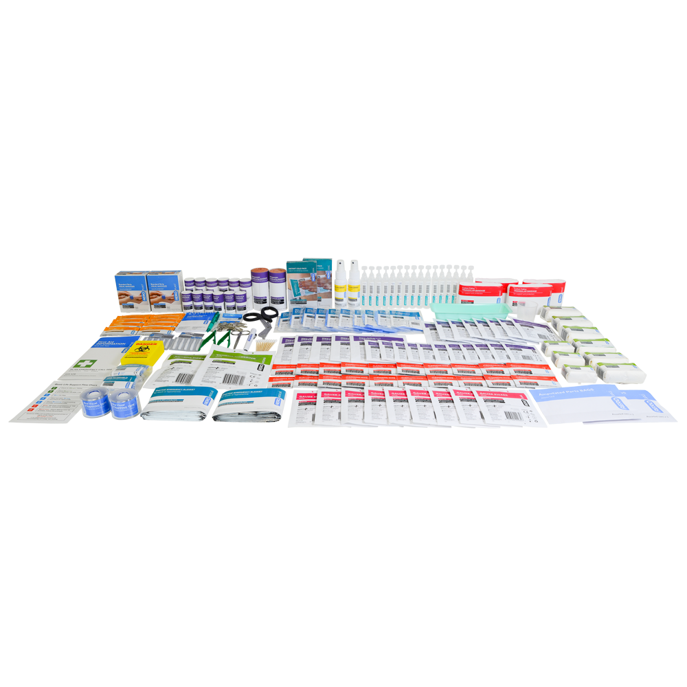 AEROCASE COMMANDER 6 Series Food and Beverage Kit Refill showing complete contents replacement pack for COMMANDER 6 Series food-safe first aid kit with blue detectable dressings