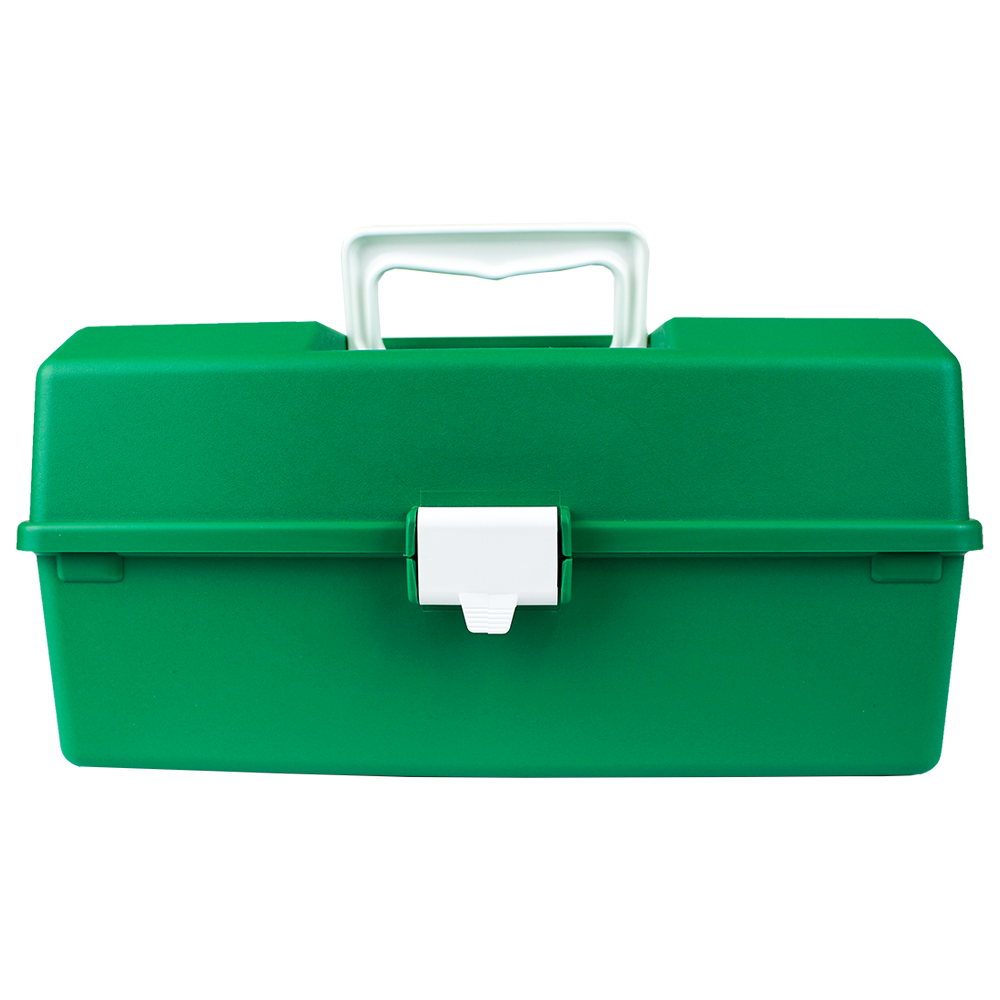 AEROCASE Green Plastic Tacklebox 16 x 33 x 19cm with 1 removable tray showing standard green empty first aid case for custom workplace first aid kit assembly