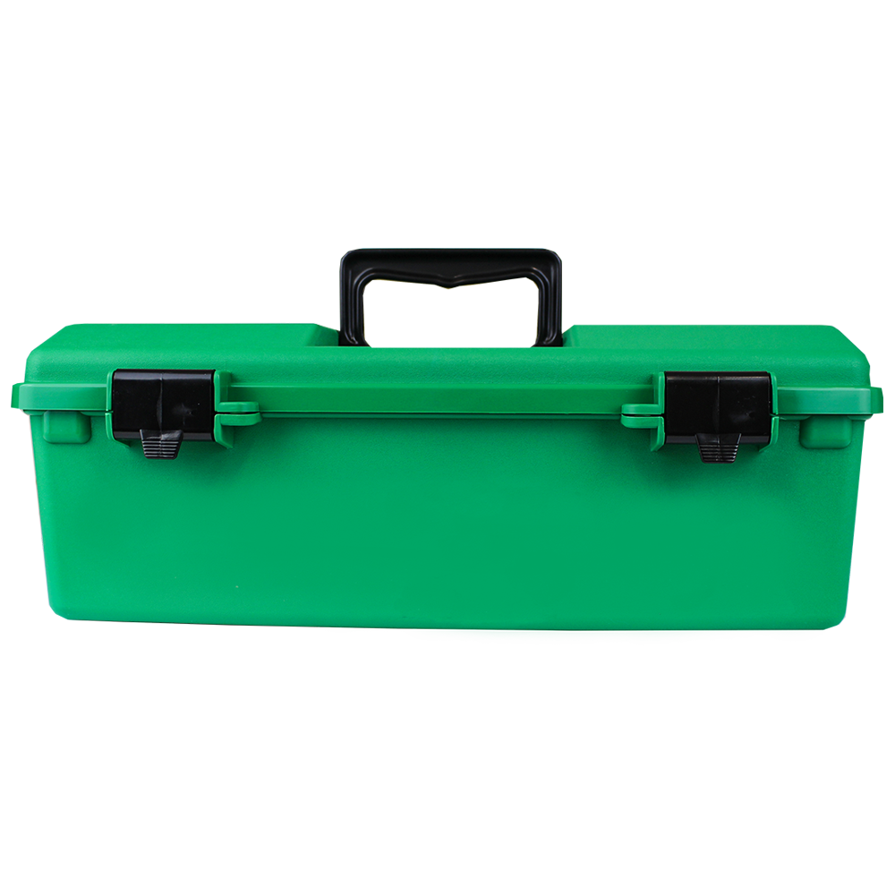 AEROCASE Green Plastic Tacklebox 23 x 40 x 14.5cm with 1 liftout tray showing large-capacity empty green first aid case for custom workplace kit assembly