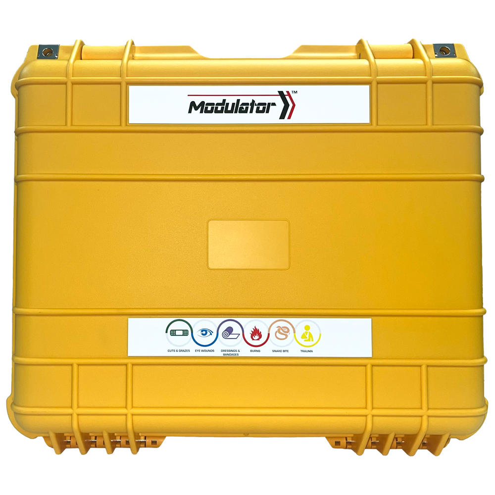 AEROCASE MODULATOR Waterproof Tough First Aid Kit 43 x 38 x 15.4cm showing large-format ruggedised waterproof first aid kit for high-risk industrial, construction, and remote workplaces