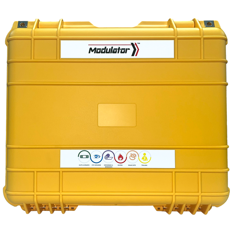 Yellow weatherproof hard case with the Modulator mark and a row of treatment icons on a white label