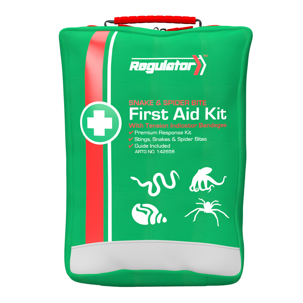 AEROCASE REGULATOR Premium Snake and Spider Bite Kit 19.5 x 13 x 9cm showing compact purpose-built first aid kit for snake and spider bite pressure immobilisation in Australian conditions