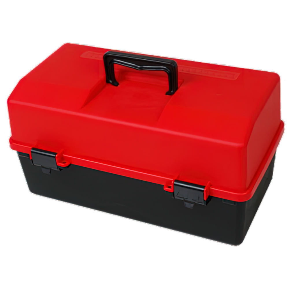 AEROCASE Red and Black Plastic Tacklebox 2 Tray Cantilever 16 x 33 x 19cm showing dual cantilever tray empty first aid case for custom workplace, vehicle, and site office kit assembly