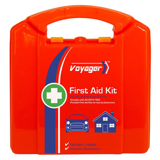 AEROCASE VOYAGER 2 Series Plastic First Aid Kit 17.5 x 7 x 19cm showing compact hard case first aid kit for vehicles, small offices, and personal use