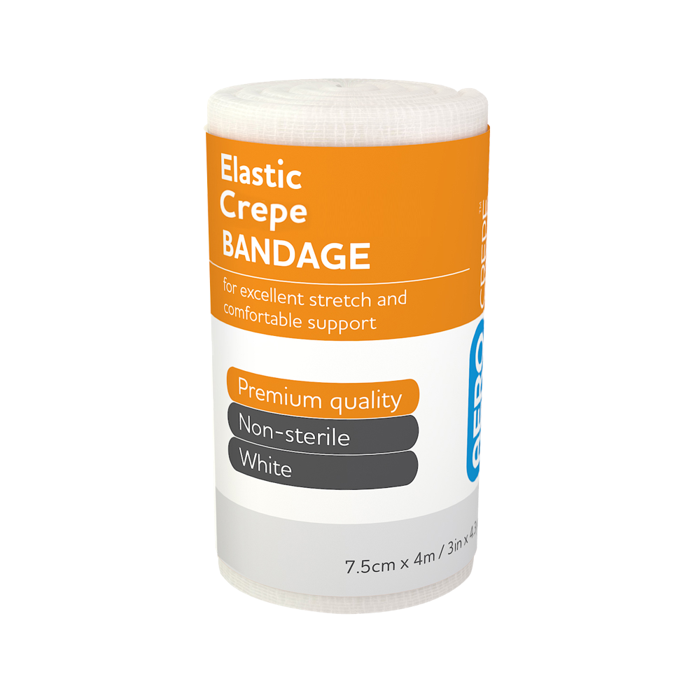 AEROCREPE Elastic Crepe Bandage 7.5cm x 4M wrap of 12 showing elastic crepe bandages for limb support, retention, and light compression in first aid and clinical use