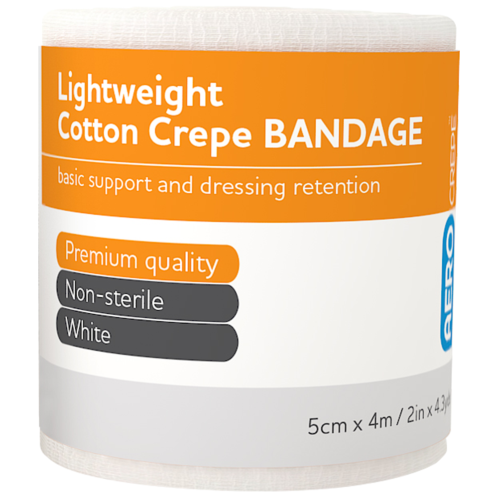 AEROCREPE Light Cotton Crepe Bandage 5cm x 4M wrap of 12 showing economical lightweight cotton crepe bandages for dressing retention and light support