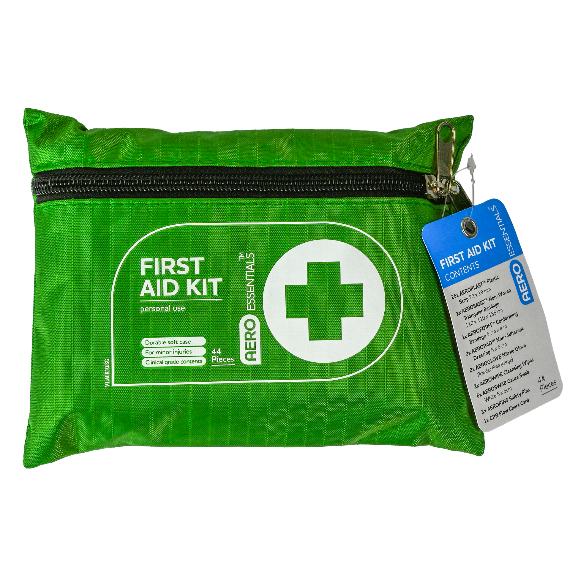 AEROESSENTIALS First Aid Kit 10 showing pre-stocked 10-item entry-level compact first aid kit for personal carry and vehicle glove box provision