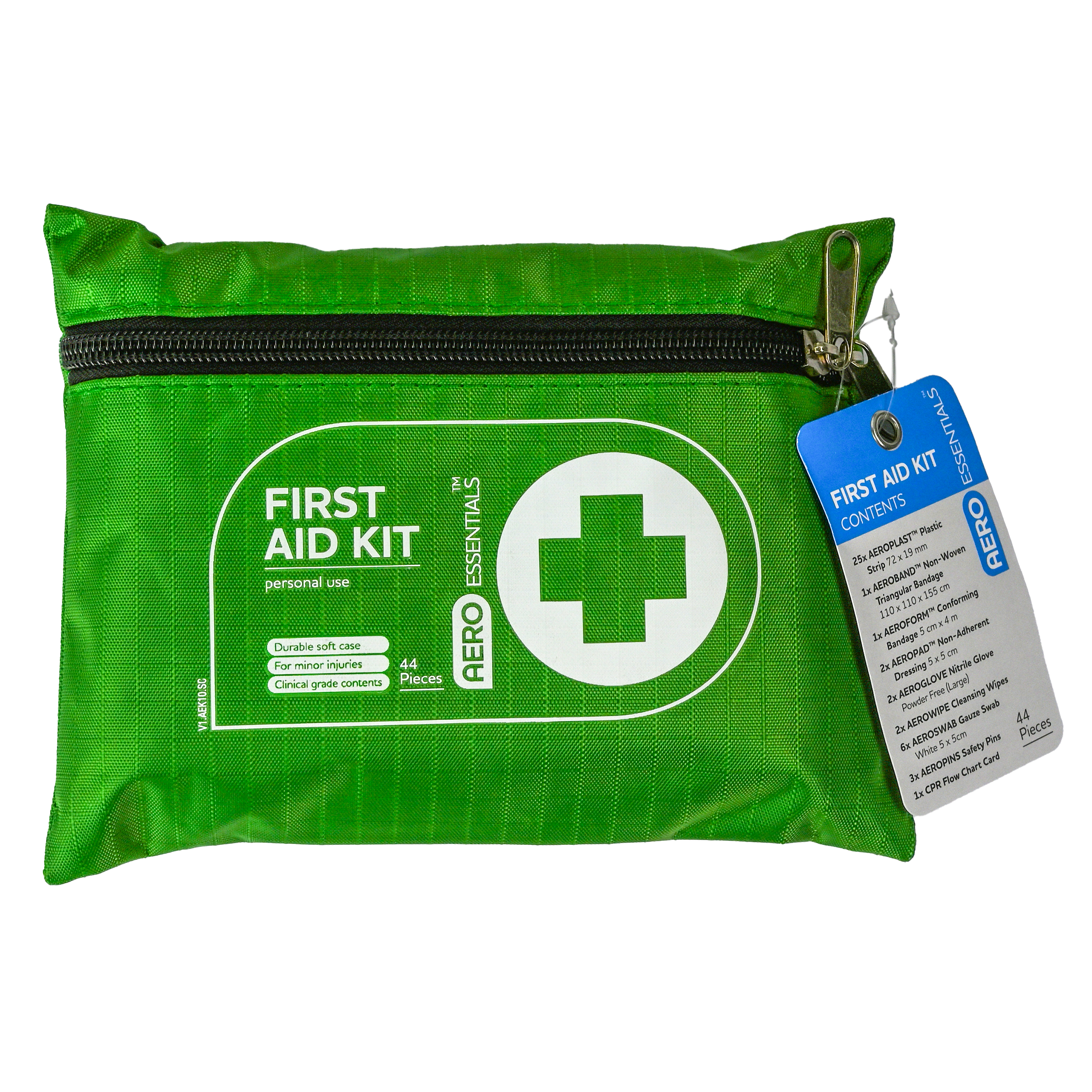 AEROESSENTIALS First Aid Kit 10 showing pre-stocked 10-item entry-level compact first aid kit for personal carry and vehicle glove box provision