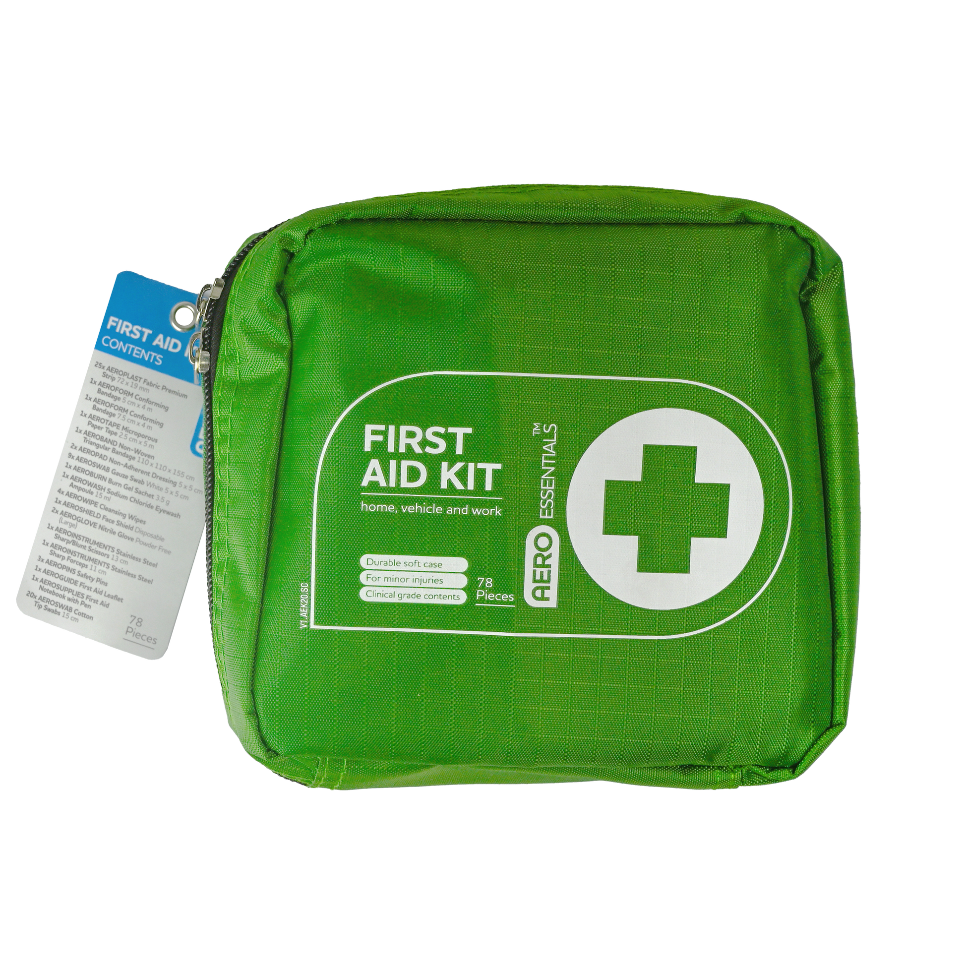 AEROESSENTIALS First Aid Kit 20 showing pre-stocked 20-item compact first aid kit for personal, vehicle, and small workplace basic first aid supply