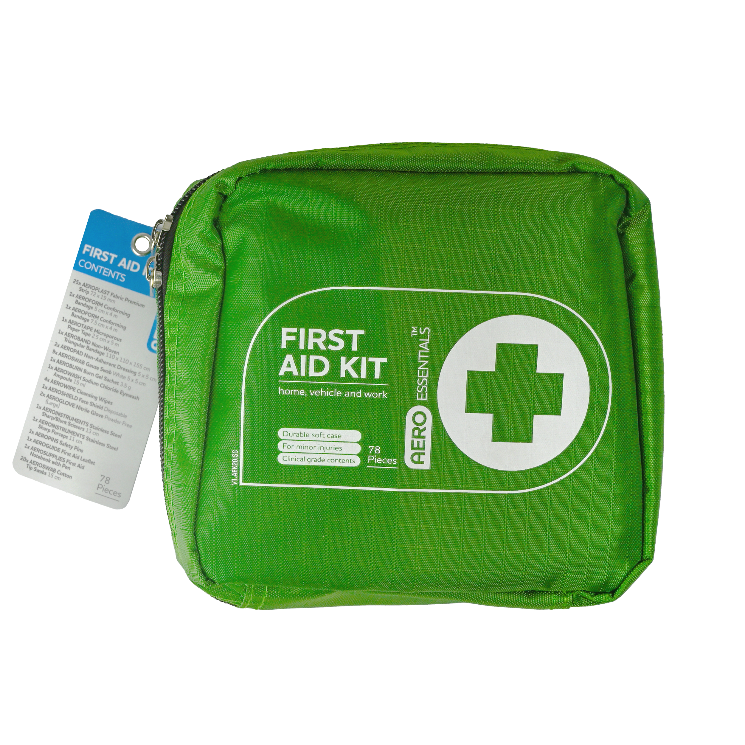 AEROESSENTIALS First Aid Kit 20 showing pre-stocked 20-item compact first aid kit for personal, vehicle, and small workplace basic first aid supply