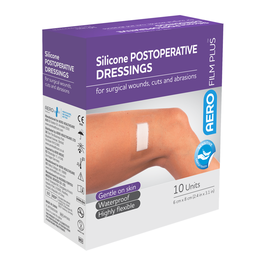 AEROFILM PLUS Sensitive Silicone Postoperative Dressing 6 x 8cm box of 10 showing gentle silicone-bordered waterproof island dressing for fragile skin wound management