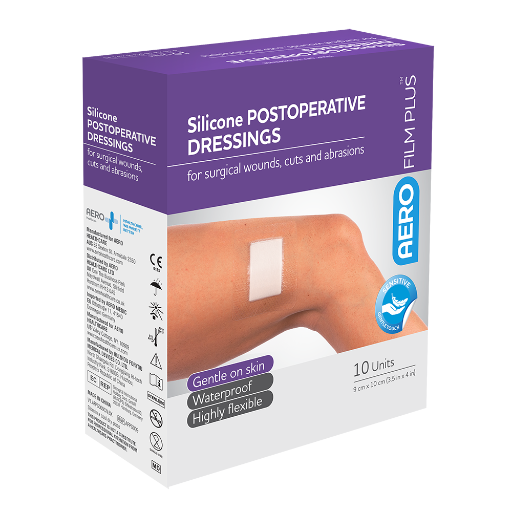 AEROFILM PLUS Sensitive Silicone Postoperative Dressing 9 x 10cm box of 10 showing gentle silicone-bordered waterproof island dressing for fragile skin postoperative wound management