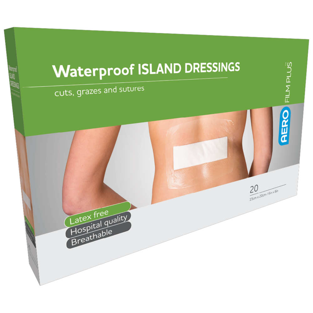 Aero Healthcare AEROFILM PLUS Waterproof Island Dressing 15 x 20cm box of 20 showing combined waterproof film and absorbent island dressing for post-operative wound cover